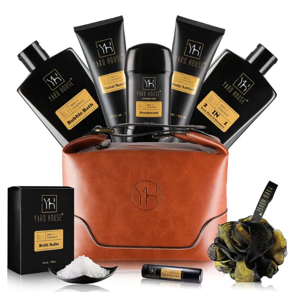 Yard House Men’s Bath & Body Gift Set — Sandalwood & Amber Spa Kit with Deluxe Toiletry Bag, Perfect Gift for Him