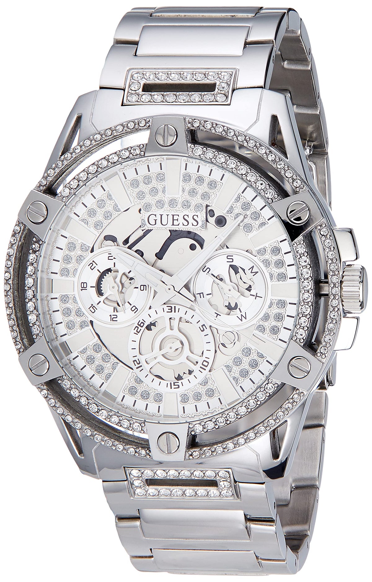 GUESS US Men's Silver-Tone Rhinestone Cut-Through Watch