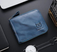 BULLCAPTAIN Mens Genuine Leather Zipper Wallet RFID Blocking Bifold Secure Zip Around Wallets Multi Credit Card Holder Purse, Blue, Small, Simplicity (QB-045)