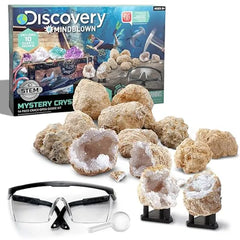 Discovery Mystery Crystal Geode Kit Crack Open 10 Real Quartz Geodes Includes Goggles, Magnifying Glass & Display Stands Educational STEM Geology Toy for Kids Science Activity Set Gift Ages 6+
