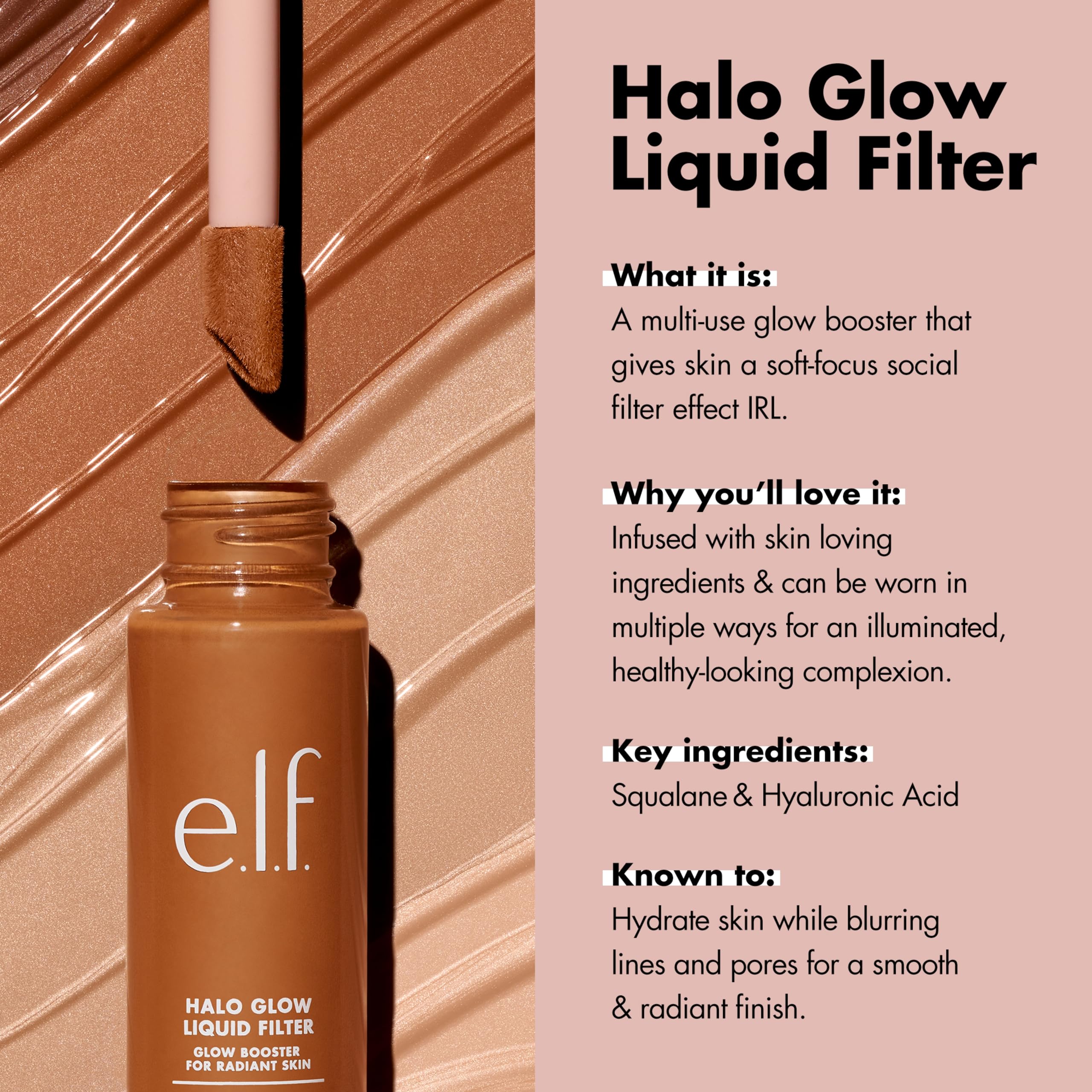 e.l.f. Halo Glow Liquid Filter, Complexion Booster for a Radiant, Soft Focused Look, with Hyaluronic Acid, Vegan & Cruelty Free, 3.5 Medium, 31.5 ml