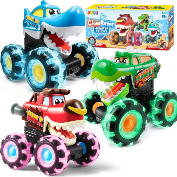JOYIN 3 Pack Monster Truck Toy - Motion Activated Light-Up Cars for Toddlers - Monster Treads Lightning Wheels