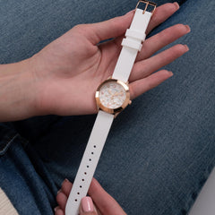 GUESS Ladies Trend Crystal 36mm Watch – Gold-Tone Stainless Steel Case Champagne Dial & Pink Silicone Strap