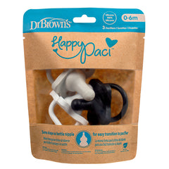 Dr. Brown's HappyPaci 100% Silicone Baby Pacifier, Contoured One-Piece Design, Black, Cool Gray, White, 0-6m, BPA-Free, 3 Pack