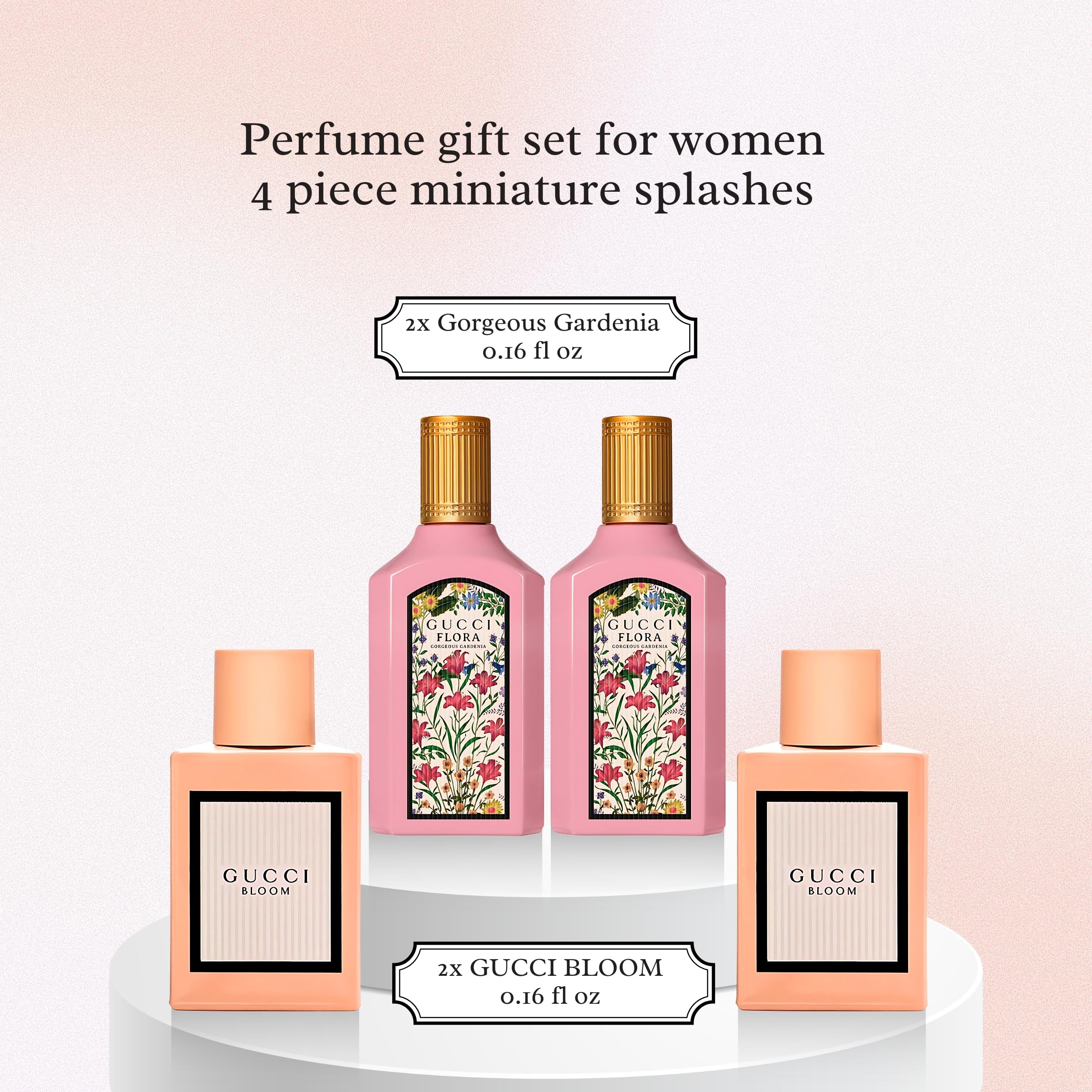 Gucci 4 Piece Mini Perfumes for Women Fragrance Gift Set - 2 ea Bloom EDP 0.16 oz splash and 2 ea Flora Gorgeous Gardenia EDP 0.16 oz splash