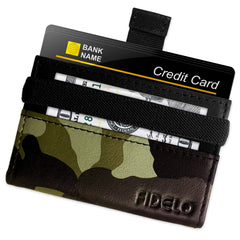 Fidelo Minimalist Wallet Credit Card Holder Mens Slim Wallet - RFID Blocking + Full Grain Genuine Leather, Edge "Woodland" Camo, One size