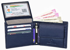 WildHorn Navy Leather Wallet for Men I Contrast Stitching I Handcrafted I 8 Card Slots I 1 Zipper & 2 Currency Compartments - Blue
