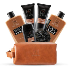 Yard House Luxury Mens Bath and Body Gift Set Basket For Him - Smoky Sandalwood Full Size Body Wash, Facial Scrub, Body Lotion, Deodorant in Leather Toiletry Bag