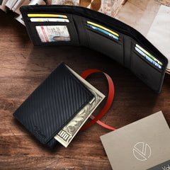 VALENCHI Men's Genuine Leather Rfid Blocking Slim Trifold Wallet With 7 Cards+1 Id Window+2 Note Compartments - Black Carbon