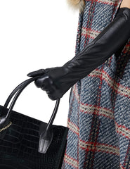 Khazna Elegant Winter Black Long Leather Gloves for Women Full Touchscreen Womens Ladies Warm Lined Genuine Leather Gloves - Black