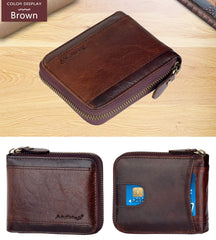 Admetus Men gifts Genuine Leather Short Zip Cowhide Wallet credit card ID Purses 2 - Dark Brown