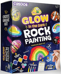 Creoos Rock Painting Kit for Kids Glow in The Dark Arts and Crafts Toys 12 Acrylic Paint 10 Rocks Stickers Gems Craft Summer Activities Kits Art Set DIY Supplies Birthday Gifts Toys for Girls and Boys