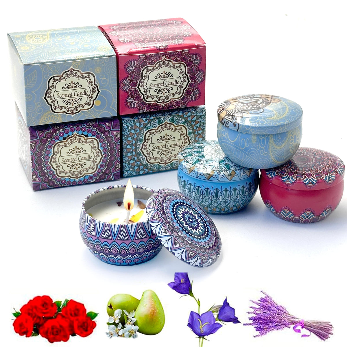 BananaHome 4Pack Scented Candles,2.5oz Aromatherapy Candles for Home Scented,Natural Soy Candles with Floral Scents,Portable Small Jar Candle Set for Travel,Spa,Bath,Yoga,Home Decor Gift Candle (4, B)