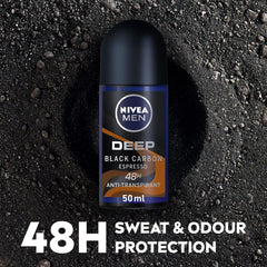 NIVEA MEN Antiperspirant Roll-on for Men, DEEP Black Carbon Antibacterial, Espresso Scent, 2x50ml