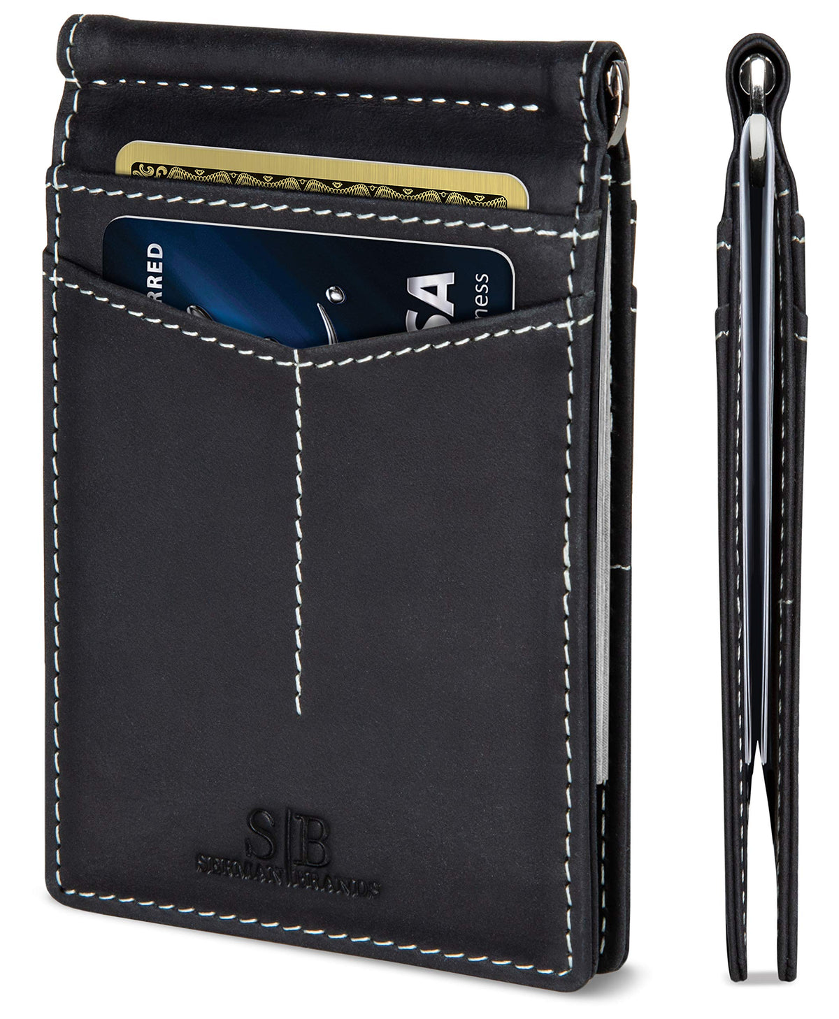 SERMAN BRANDS RFID Blocking Wallet Slim Bifold - Genuine Leather Minimalist Front Pocket Wallets for Men with Money Clip Gift - Charcoal Black Rogue