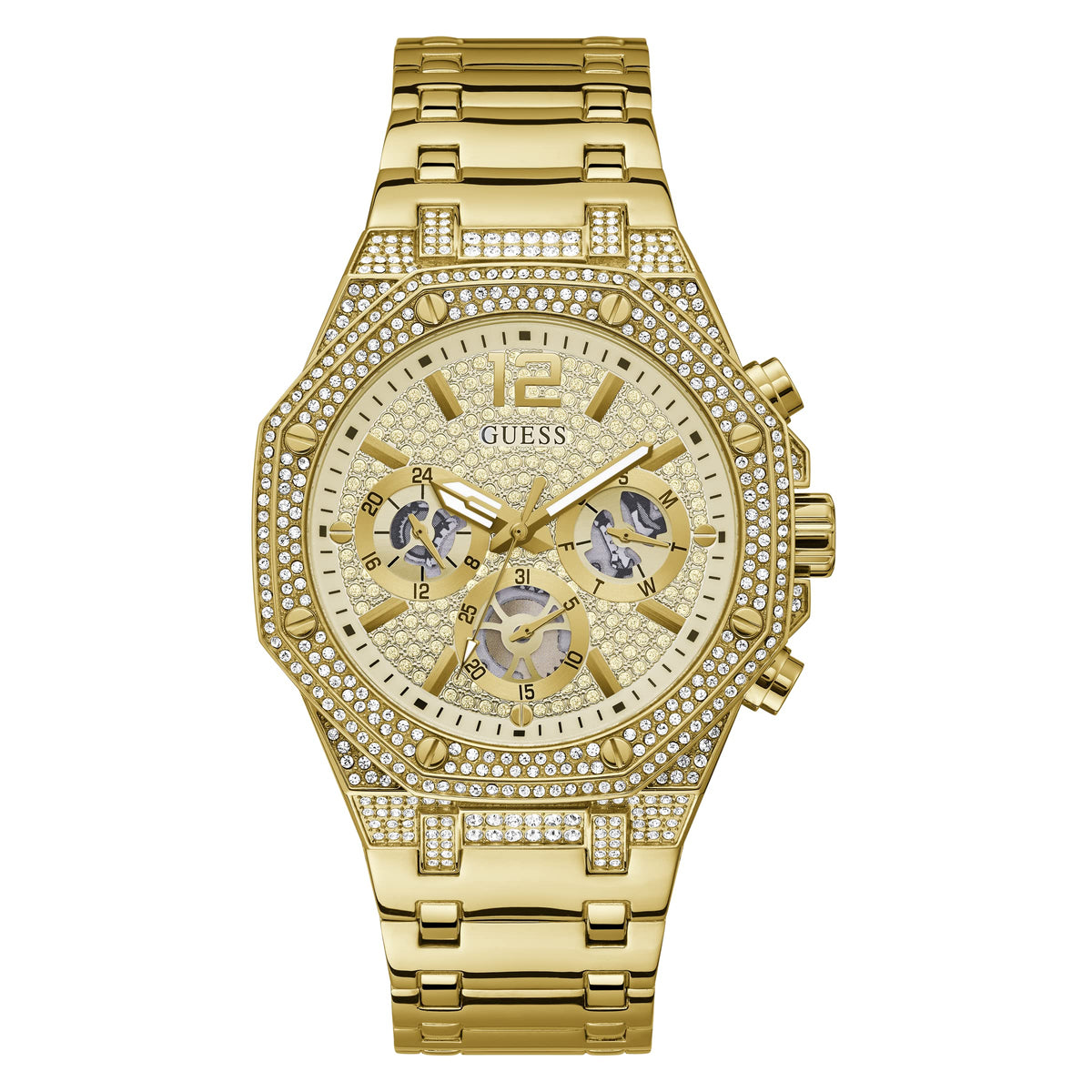 GUESS Men's Dress Octagonal Crystal Multifunction 44mm Watch, Gold-Tone
