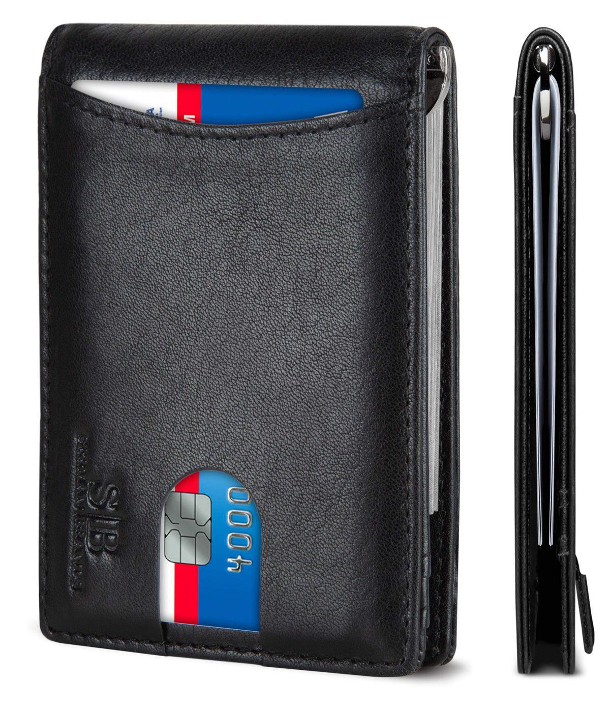 SERMAN BRANDS RFID Blocking Slim Bifold Genuine Leather Minimalist Front Pocket Wallets for Men with Money Clip Thin Mens - Jet Black 1.0