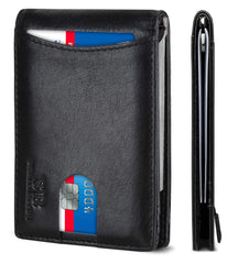 SERMAN BRANDS RFID Blocking Slim Bifold Genuine Leather Minimalist Front Pocket Wallets for Men with Money Clip Thin Mens - Jet Black 1.0