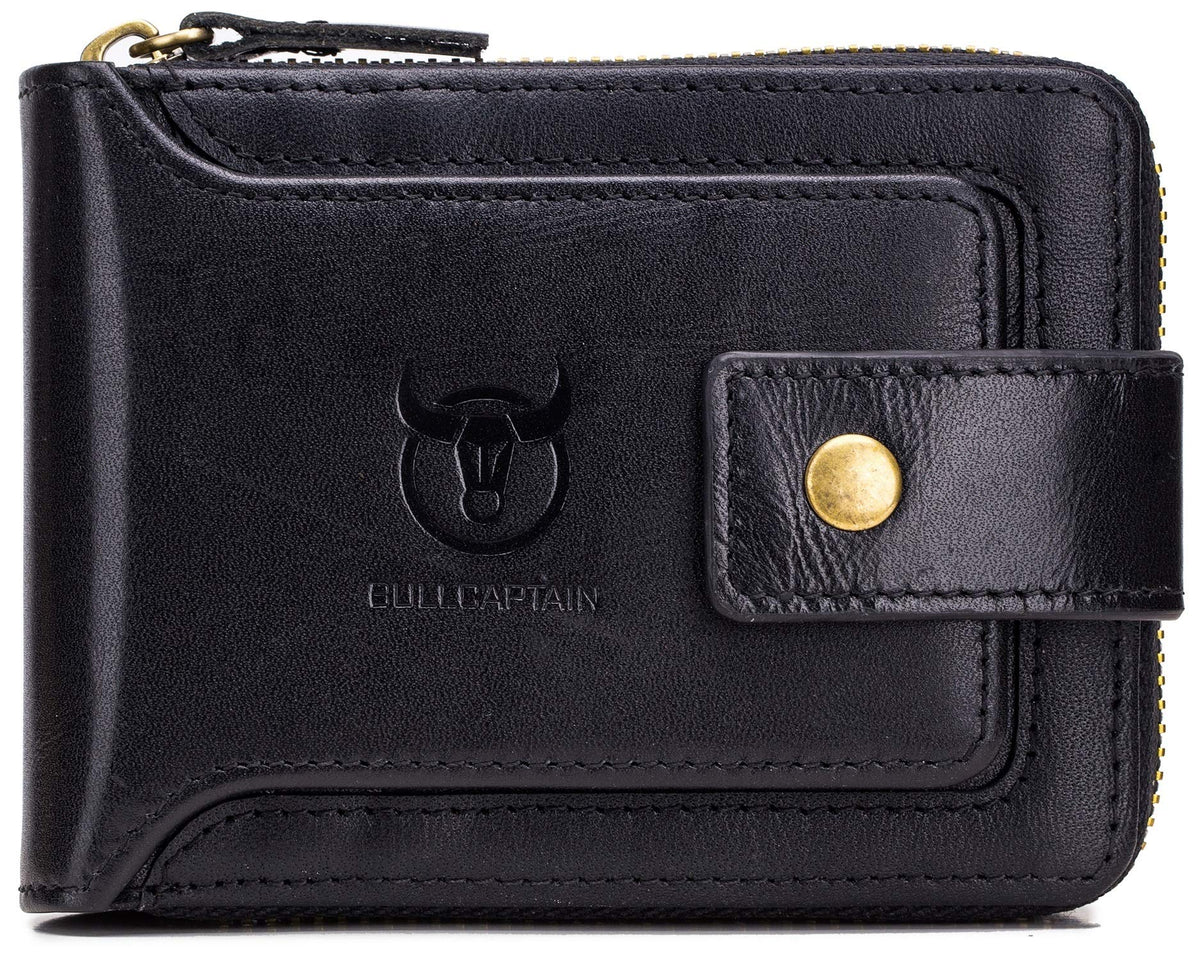 BULLCAPTAIN Mens Genuine Leather Zipper Wallet RFID Blocking Bifold Zip Around Multi Credit Card Holder (black)
