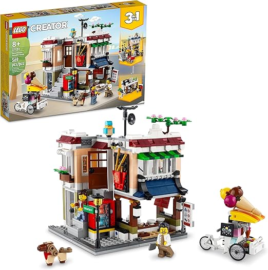 LEGO Creator 3in1 Downtown Noodle Shop 31131 Building Toy Set for Boys, Girls, and Kids Ages 8+; Features a Townhouse, Bike Shop or Arcade (569 Pieces)