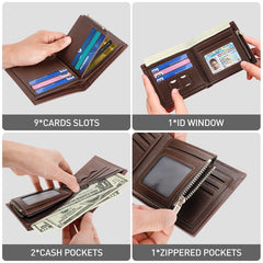 Cshidworld Genuine Leather RFID Blocking Wallet for Men - Bifold with 1 ID Window, 9 Card Slots & 2 Cash Slot