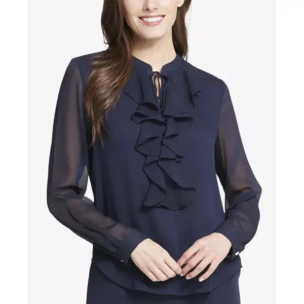Macy's Women’s Ruffled Tie-Neck Blouse-Dark Blue
