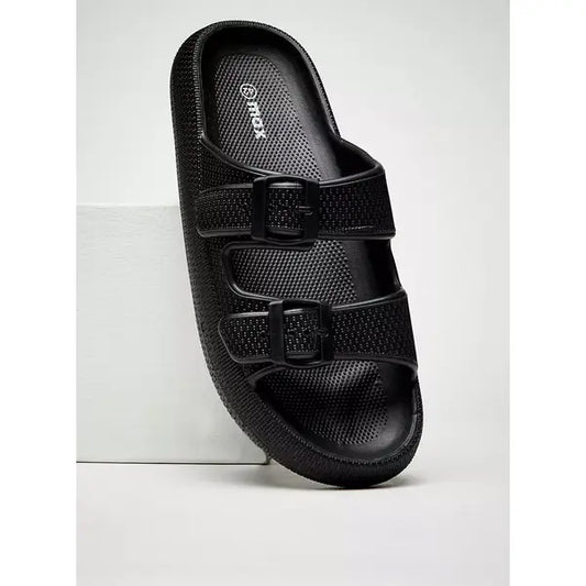 Dual Strap Slides with Buckle Detail - Black