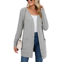SHOWMALL Women's Long Sleeve Open Front Cardigan Button Down Apricot M Ribbed Lightweight Knit Outerwear with Pocket