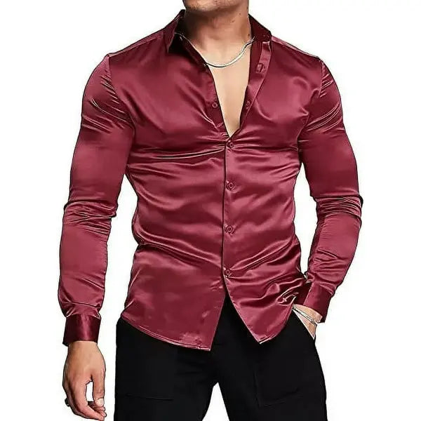 Mens Silk Shirts Long Sleeve-Luxury Shiny Silk Satin Party Dress