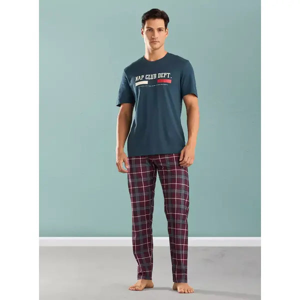 Printed T-shirt and Checked Pyjama Set - Blue
