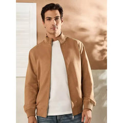 Suede High Neck Zip Through Jacket - Brown