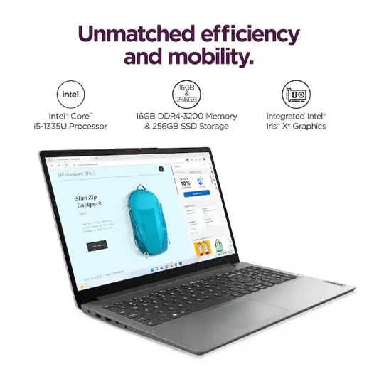 Lenovo IdeaPad 1 15IRU7 15.6" Full HD Laptop, Intel Core i5-1335U (13th Gen), 16GB RAM, 256GB SSD (83B40008US) - Cloud Grey