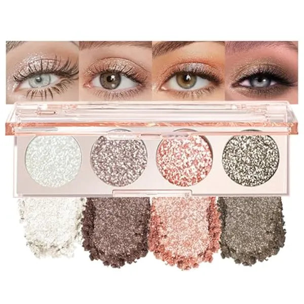 FeiCuiYun 4 Colors Pearl White&Light Brown&Champagne&Bronze Glitter Shimmer Sparkle Eye Shadow Palette Makeup, Neutral Glitter Shimmer Cream Quad Eyeshadow Palette for Older Women, Highly Pigmented Waterproof