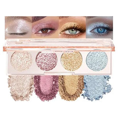 FeiCuiYun 4 Colors Pearl White&Light Brown&Champagne&Bronze Glitter Shimmer Sparkle Eye Shadow Palette Makeup, Neutral Glitter Shimmer Cream Quad Eyeshadow Palette for Older Women, Highly Pigmented Waterproof