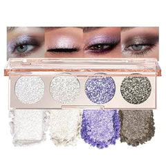 FeiCuiYun 4 Colors Pearl White&Light Brown&Champagne&Bronze Glitter Shimmer Sparkle Eye Shadow Palette Makeup, Neutral Glitter Shimmer Cream Quad Eyeshadow Palette for Older Women, Highly Pigmented Waterproof