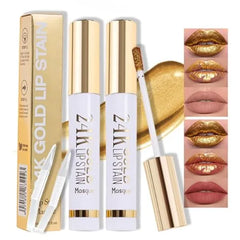 FeiCuiYun 24K Gold Peel Off Matte Liquid Lip Gloss Stain Lip Liner with Tweezer, Brown Peel Off Lip Stain, Long Lasting & Waterproof Lipstick Tattoo, Transfer Proof Lip Gloss for All Skin Types
