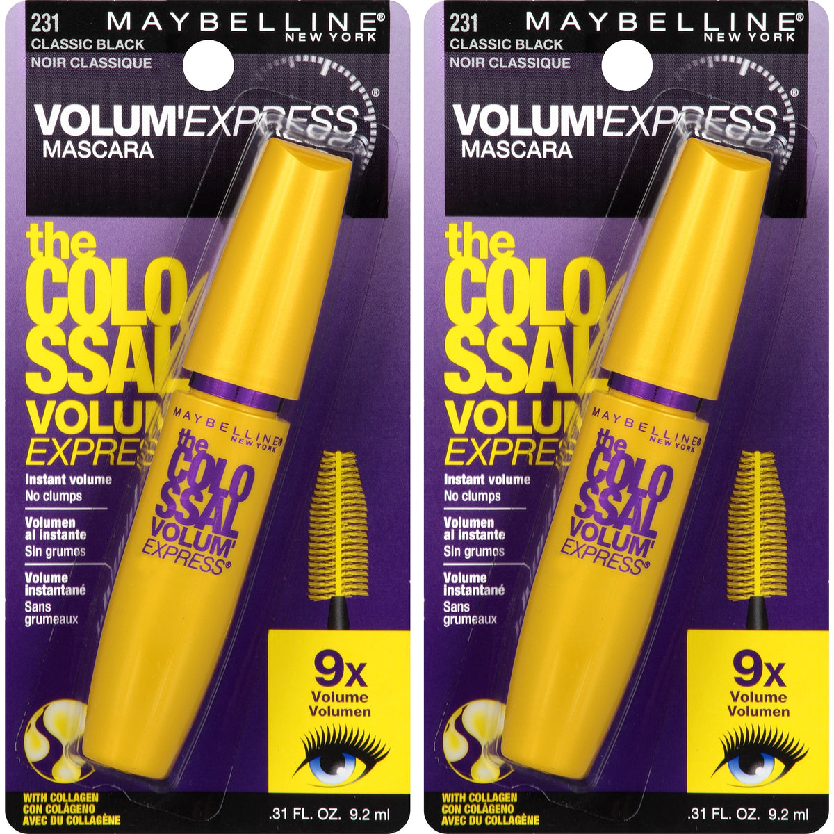 Maybelline New York Volum' Express The Colossal Washable Mascara Makeup, Classic Black, 2 Count