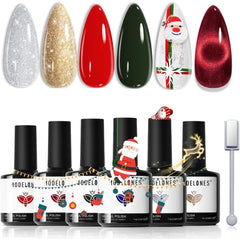 Modelones Cat Eye Gel Polish & Nail Art Set – 6 Color Holographic Glitter Kits, Magnetic Tools, and Holiday Gems – Christmas & Winter DIY