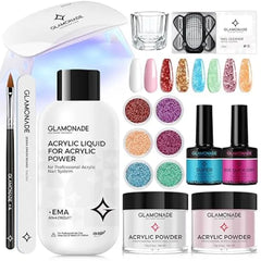 Glamonade Acrylic Nail Kit for Beginners Clear Pink Acrylic Powder Set Professional Nails Kit Acrylic Set with UV Light and Glitter Powder for Home DIY