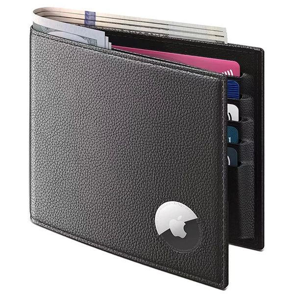 SkyAuks Men's Wallet with Airtag Holder - Genuine Leather Bifold RFID Blocking - Black