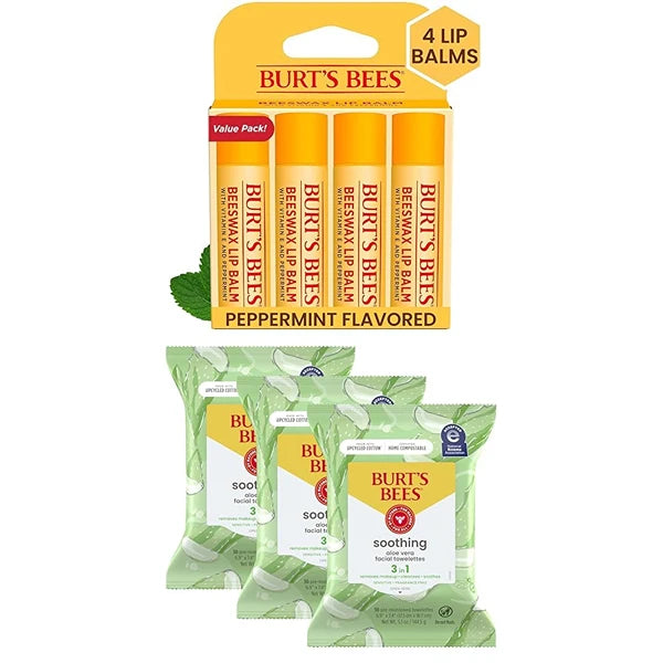 Burt's Bees Skincare Bundle - Original Beeswax Lip Balm (4-Pack) & Facial Cleansing Towelettes (30 Ct. Each, 3-Pack) with Aloe Vera, Cucumber & Mint, White Tea, Makeup Remover & Sensitive Skin Care, Perfect Stocking Stuffers & Christmas Gifts