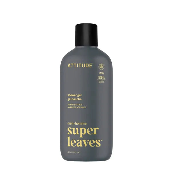 ATTITUDE Shower Gel Body Wash for Men, 98% Natural Origin Ingredients, Paraben & Phthalate Free, EWG Verified, Cleanses Without Drying - 14 Fl Oz