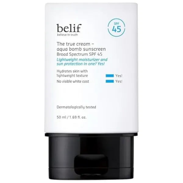 belif Aqua Bomb Hydrating Niacinamide Sunscreen The True Cream PA++++, Daily Broad Spectrum, No White Cast, Weightless & Invisible, Non-Greasy, Korean Skincare.