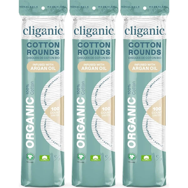 Cliganic Organic Cotton Rounds – Argan & Jojoba Oil Infused Makeup Remover Pads (300 Count) – Hypoallergenic, Lint-Free, 100% Pure Cotton