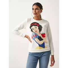 MAX FASHION Snow White Print Sweatshirt with Crew Neck and Long Sleeves-White