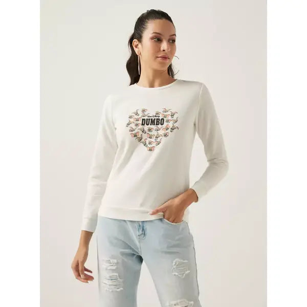 MAX FASHION Dumbo Print Sweatshirt with Crew Neck and Long Sleeves-White