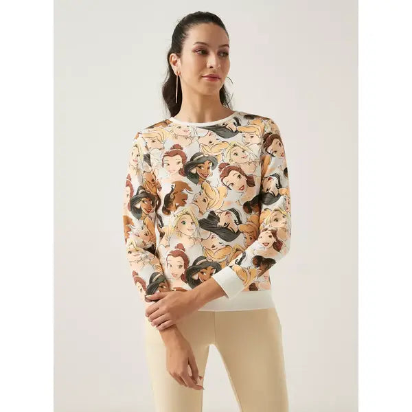 MAX FASHION All-Over Princess Print Crew Neck Sweatshirt with Long Sleeves-White