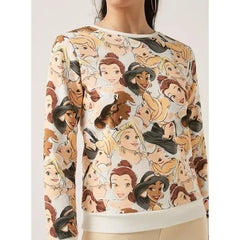 MAX FASHION All-Over Princess Print Crew Neck Sweatshirt with Long Sleeves-White