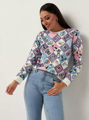 MAX FASHION All-Over Looney Tunes Print Sweatshirt with Round Neck and Long Sleeves-Purple