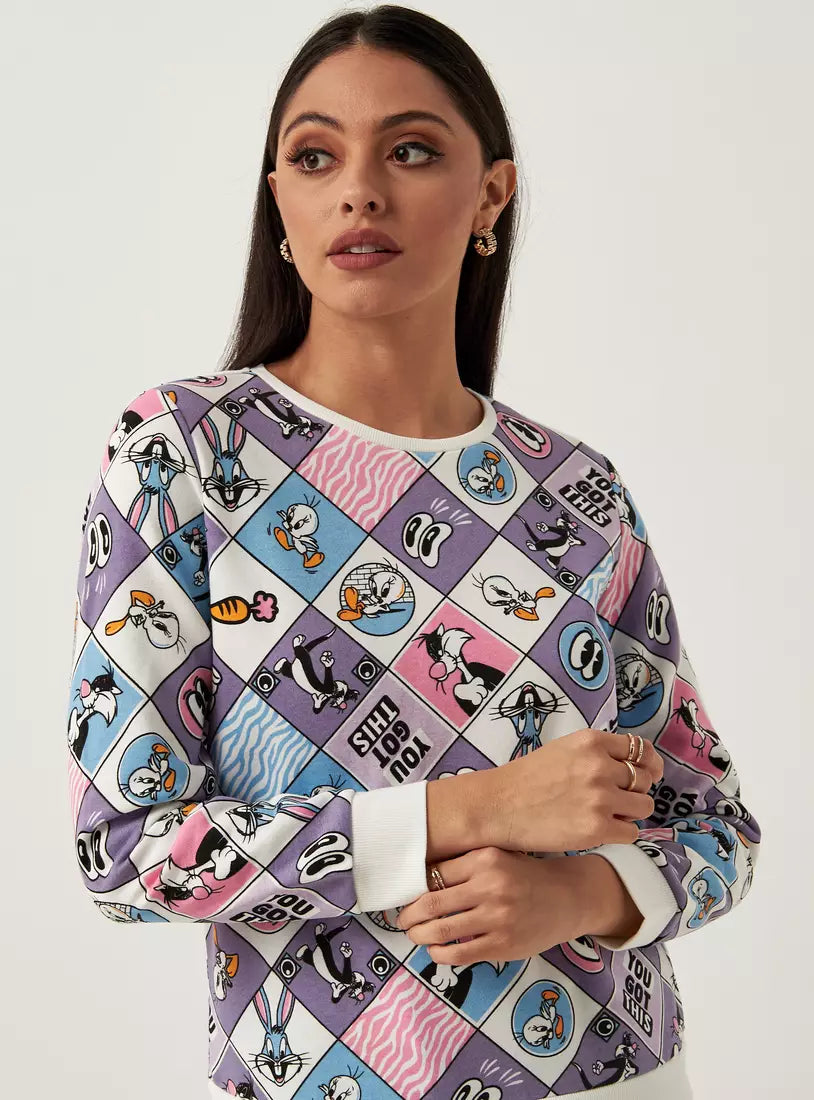 MAX FASHION All-Over Looney Tunes Print Sweatshirt with Round Neck and Long Sleeves-Purple